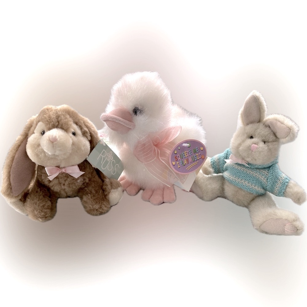 🌸 Easter Plush Collection -Two Rabbits & a Chickadee that Squeaks! Like New!